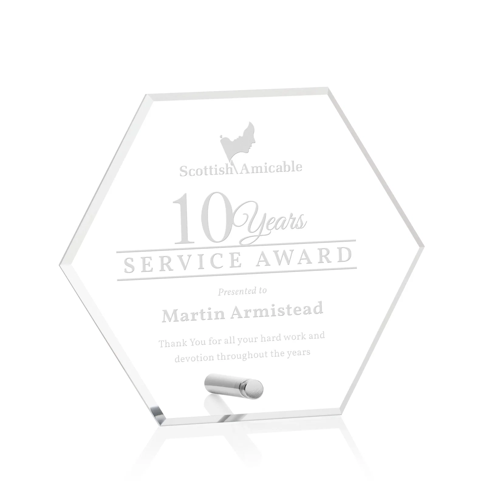 Custom Beveled Acrylic Hexagon Award with Easel Pin for volunteer appreciation
