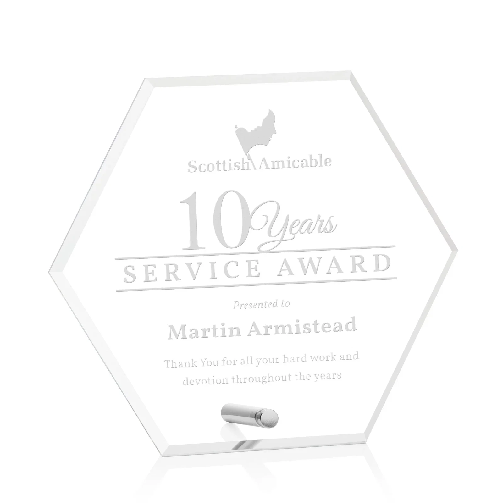 Custom Beveled Acrylic Hexagon Award with Easel Pin for dealer and partner awards