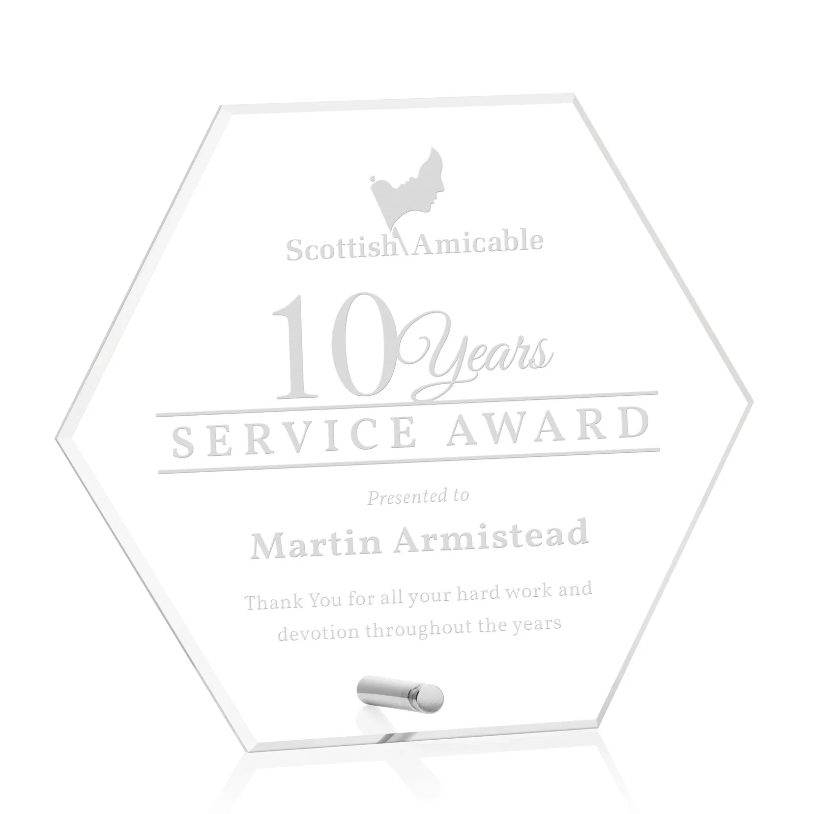Custom Beveled Acrylic Hexagon Award with Easel Pin for company anniversary events