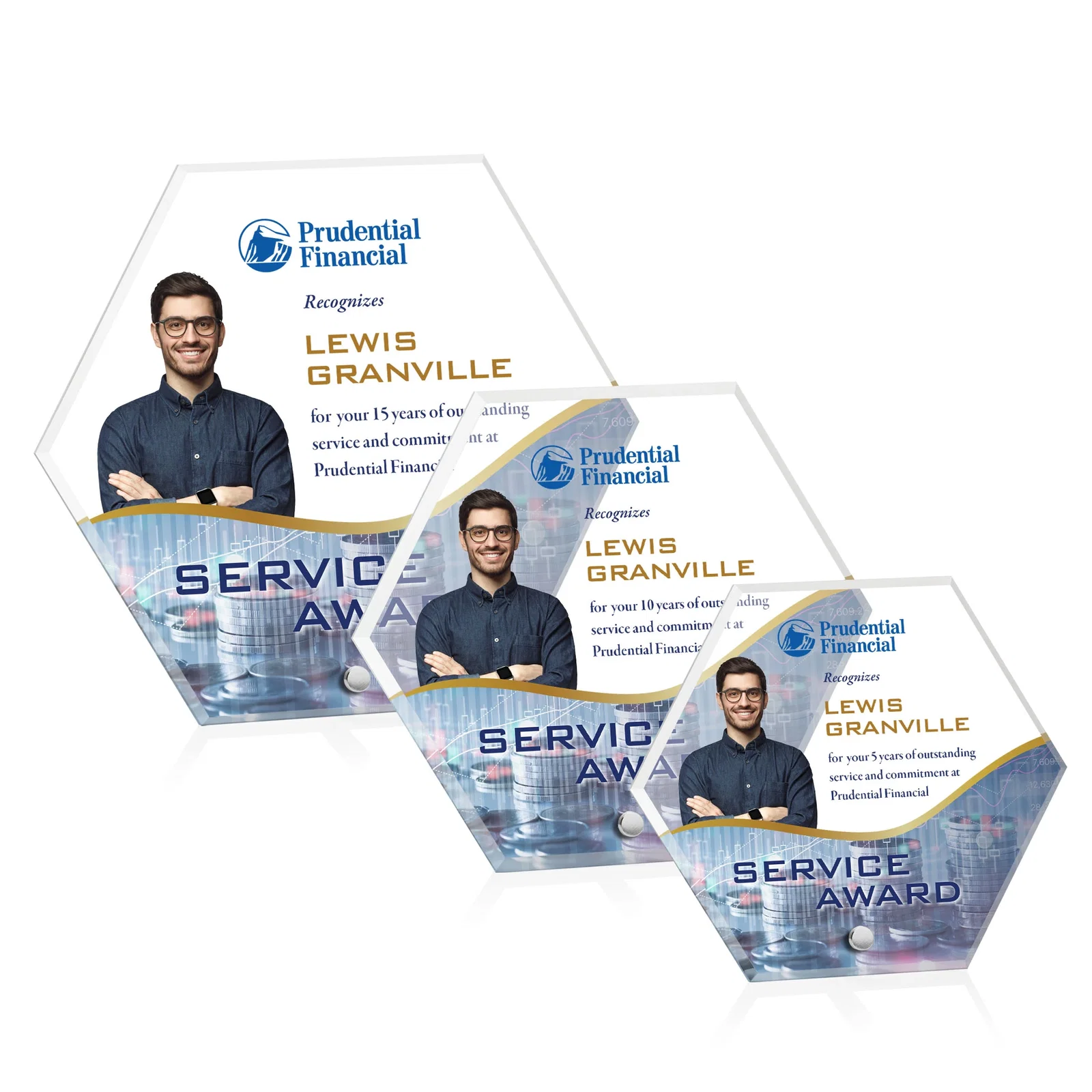 Personalized Beveled Acrylic Hexagon Award with Easel Pin for employee recognition