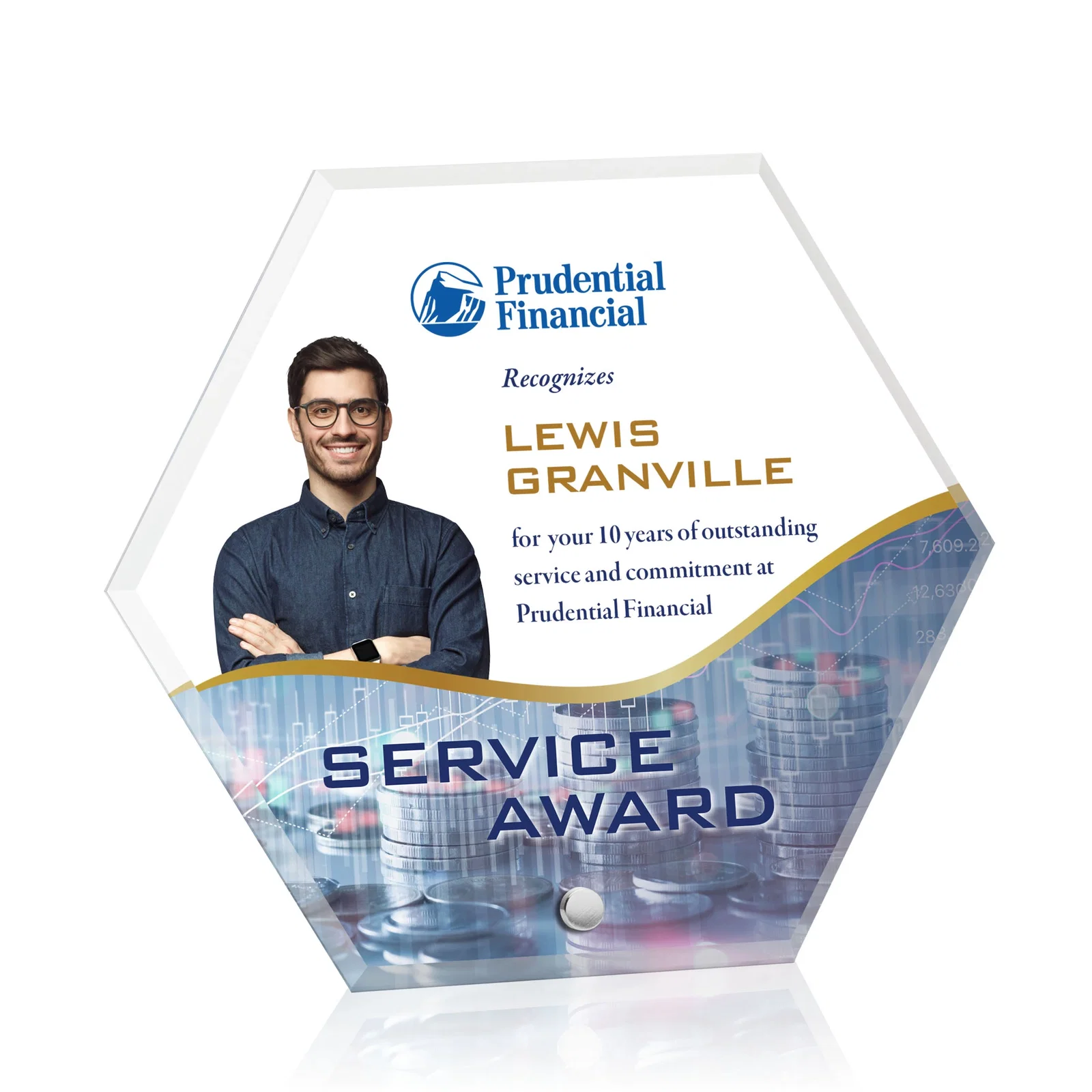 Personalized Beveled Acrylic Hexagon Award with Easel Pin for service anniversary gifts