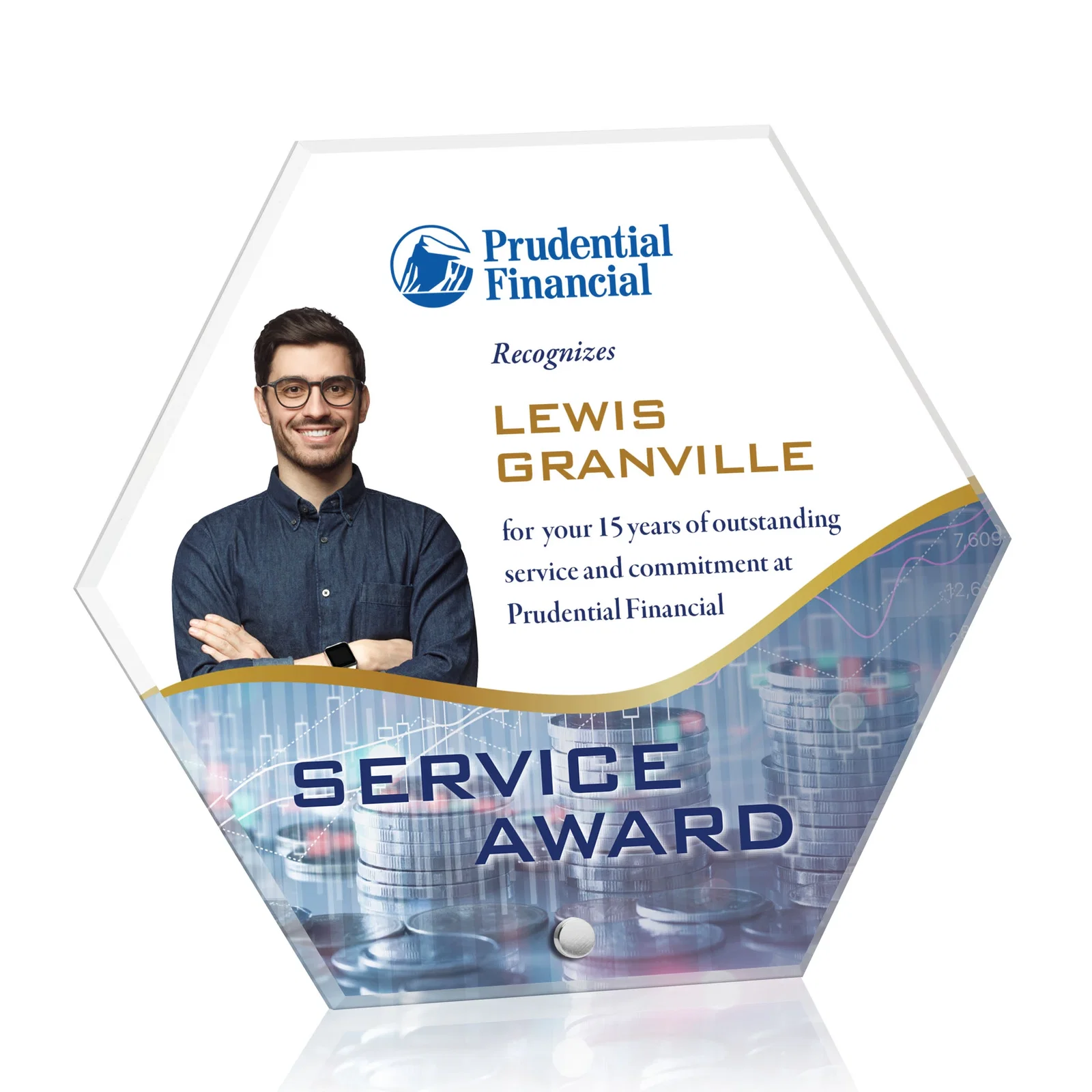 Personalized Beveled Acrylic Hexagon Award with Easel Pin for sales achievement awards