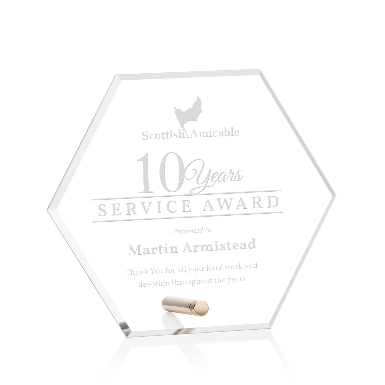 Custom Beveled Acrylic Hexagon Award with Easel Pin for corporate award ceremonies