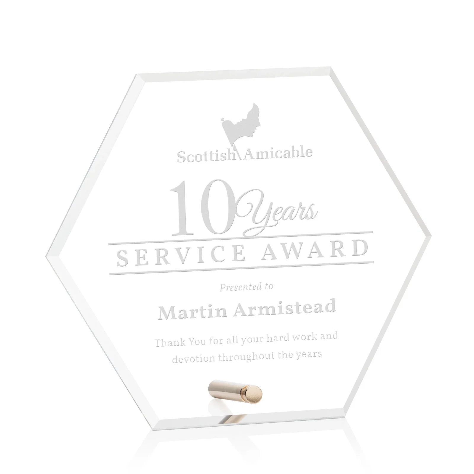 Custom Beveled Acrylic Hexagon Award with Easel Pin for service anniversary gifts