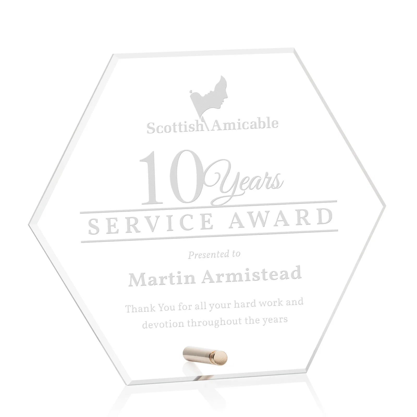 Custom Beveled Acrylic Hexagon Award with Easel Pin for sales achievement awards