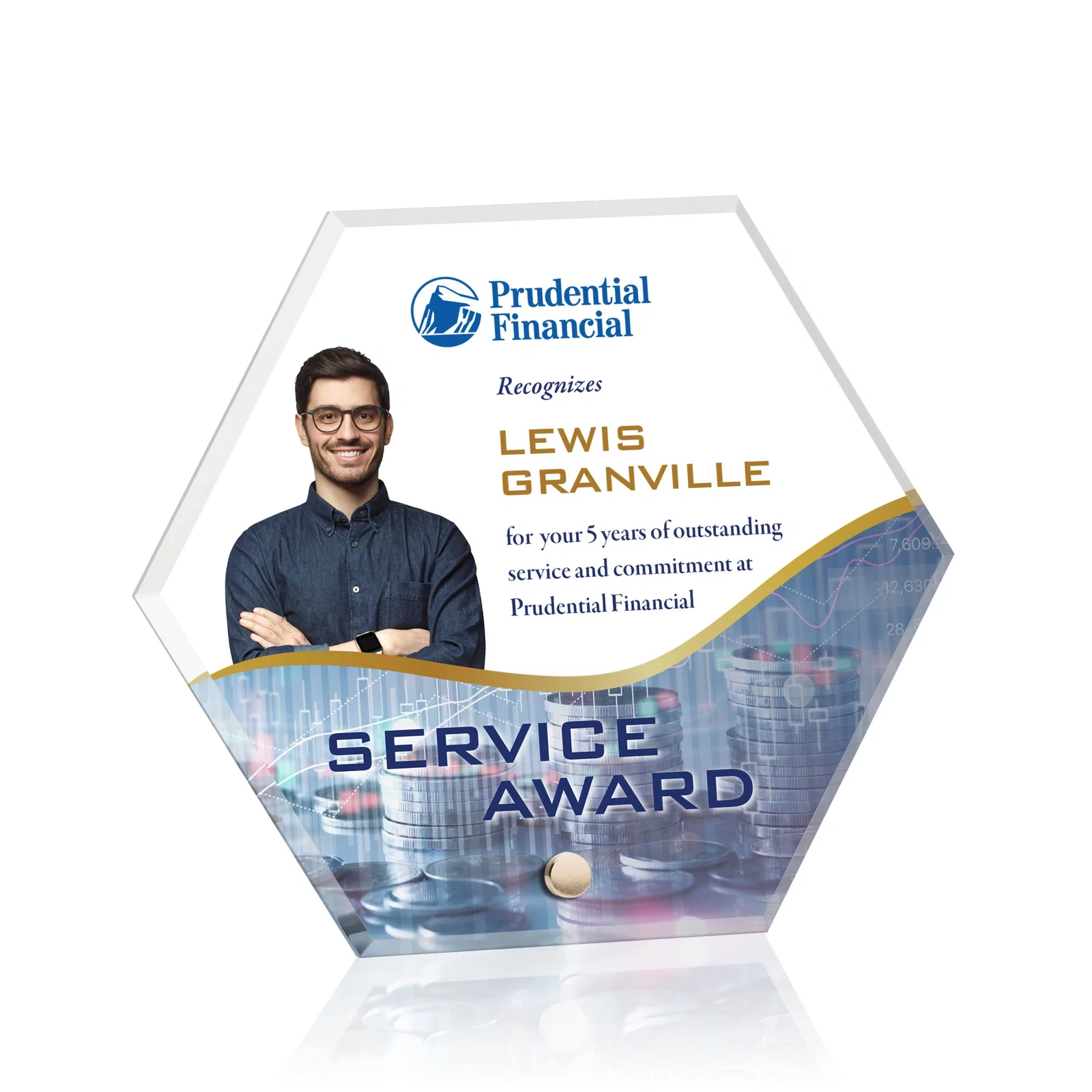 Custom Beveled Acrylic Hexagon Award with Easel Pin for team milestone celebrations