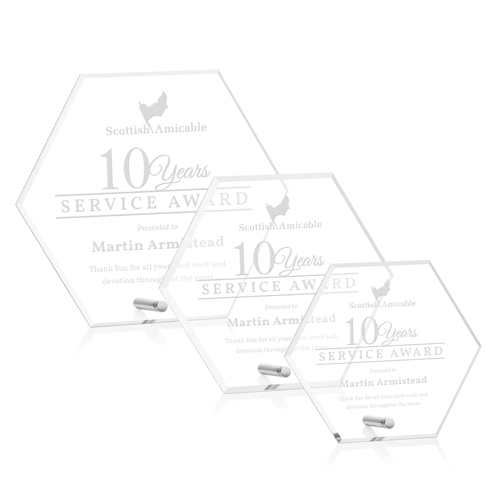 Custom Beveled Acrylic Hexagon Award with Easel Pin for safety achievement programs