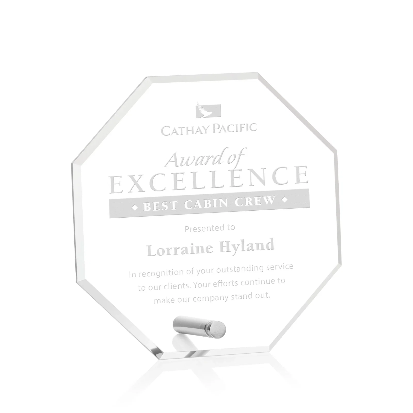Custom Beveled Acrylic Octagon Award with Easel Pin for volunteer appreciation
