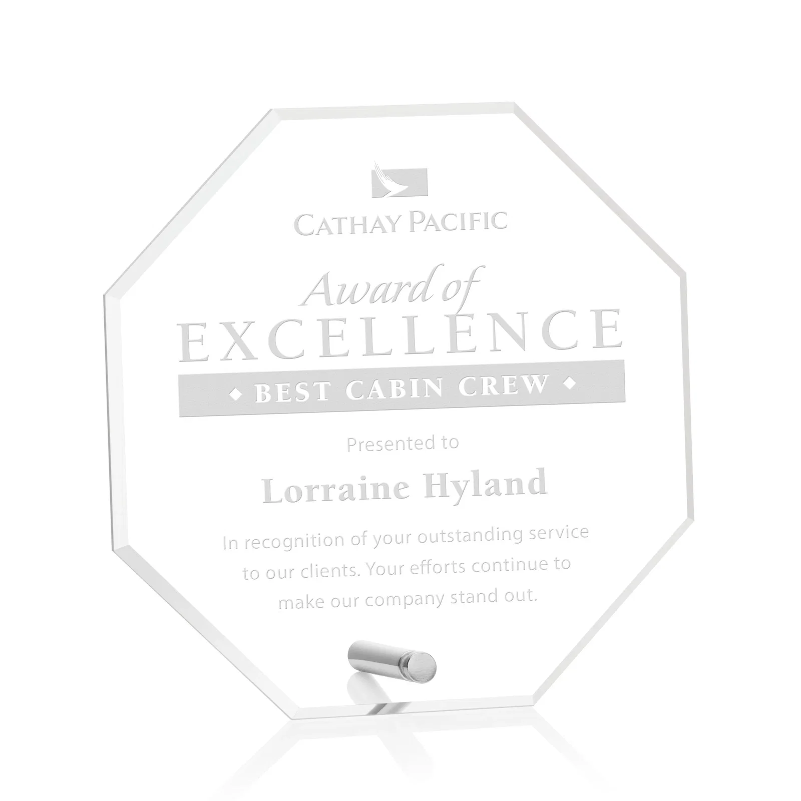 Custom Beveled Acrylic Octagon Award with Easel Pin for dealer and partner awards