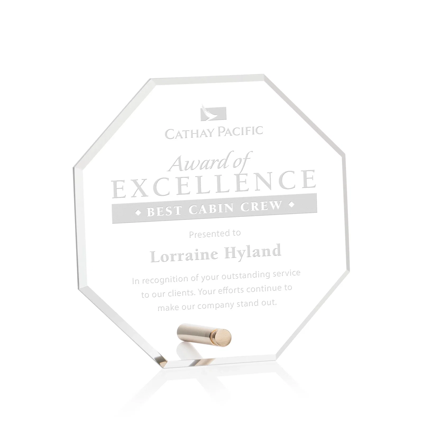 Custom Beveled Acrylic Octagon Award with Easel Pin for corporate award ceremonies