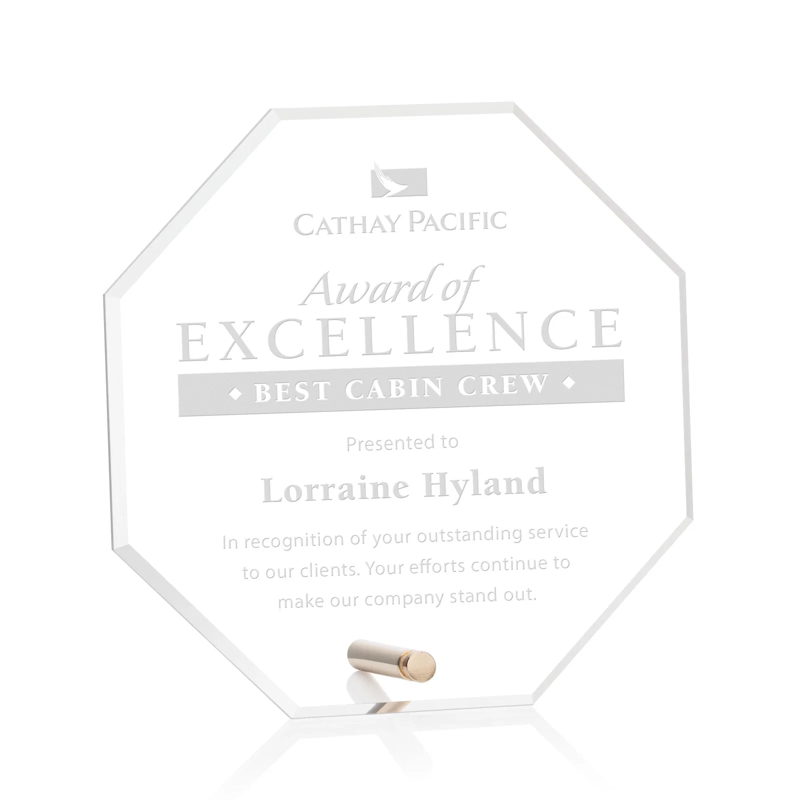 Custom Beveled Acrylic Octagon Award with Easel Pin for service anniversary gifts