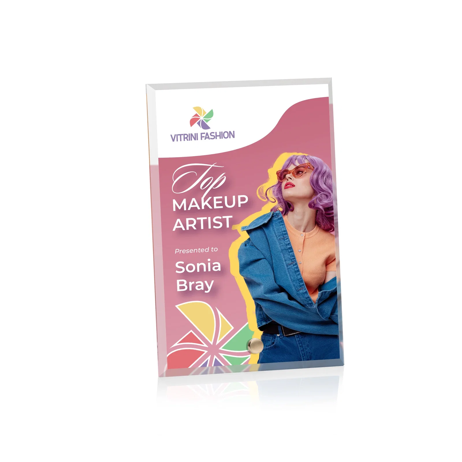 Custom Beveled Acrylic Vertical Rectangle Award with Easel Pin for team milestone celebrations