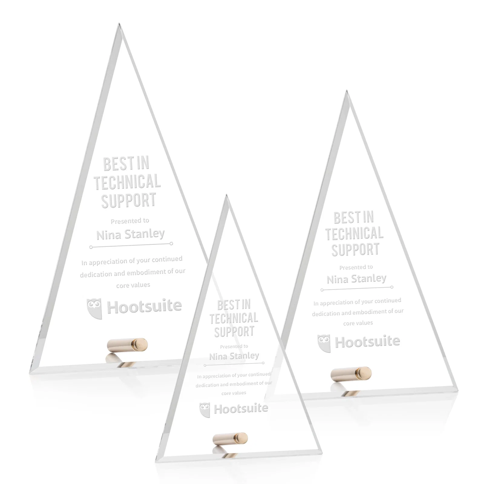 Custom Beveled Acrylic Pyramid Tower Award with Easel Pin for employee recognition