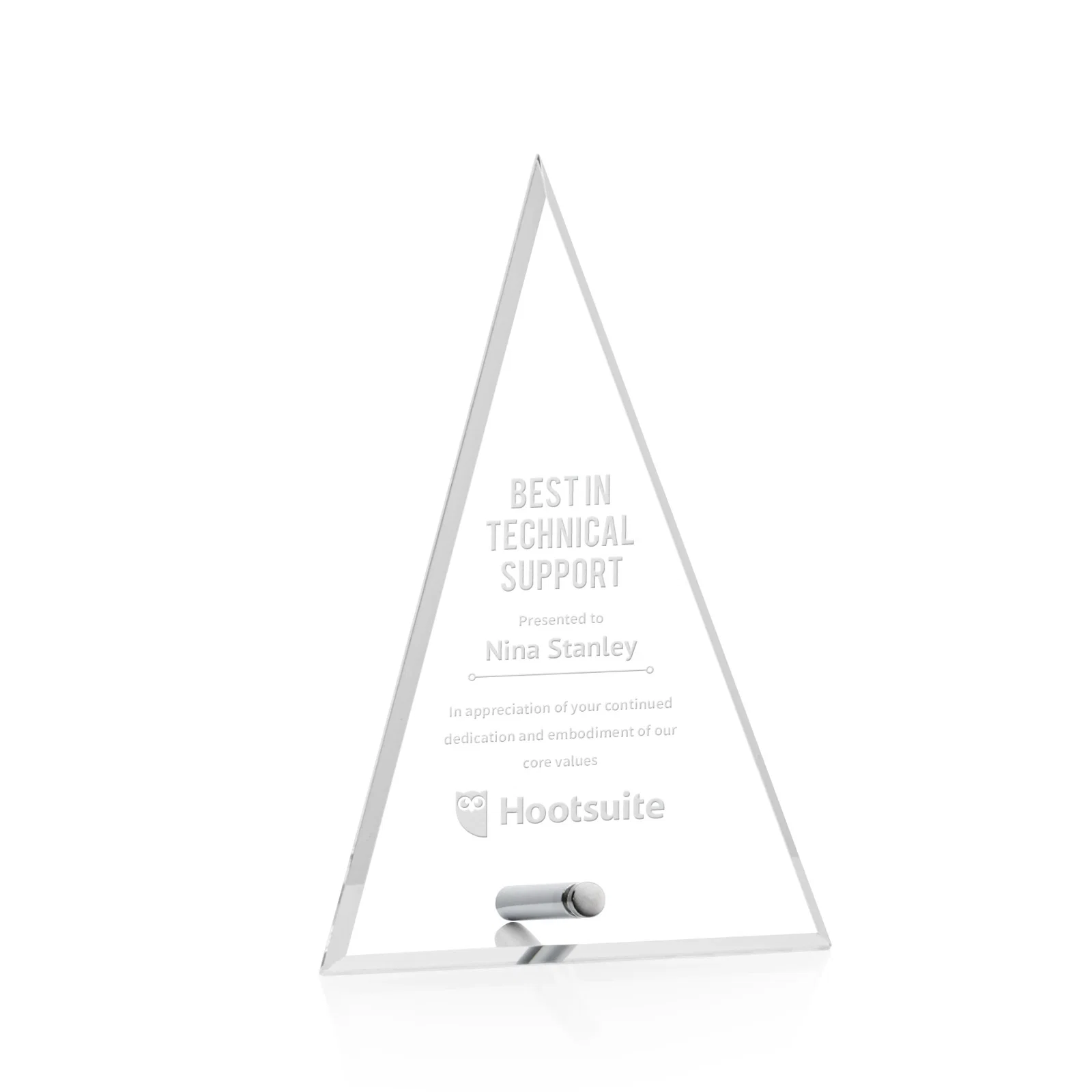 Custom Beveled Acrylic Pyramid Tower Award with Easel Pin for volunteer appreciation
