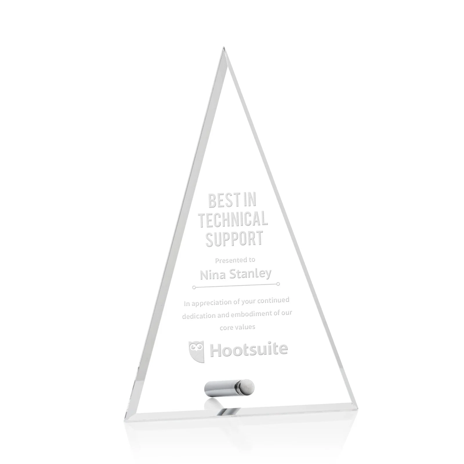 Custom Beveled Acrylic Pyramid Tower Award with Easel Pin for dealer and partner awards