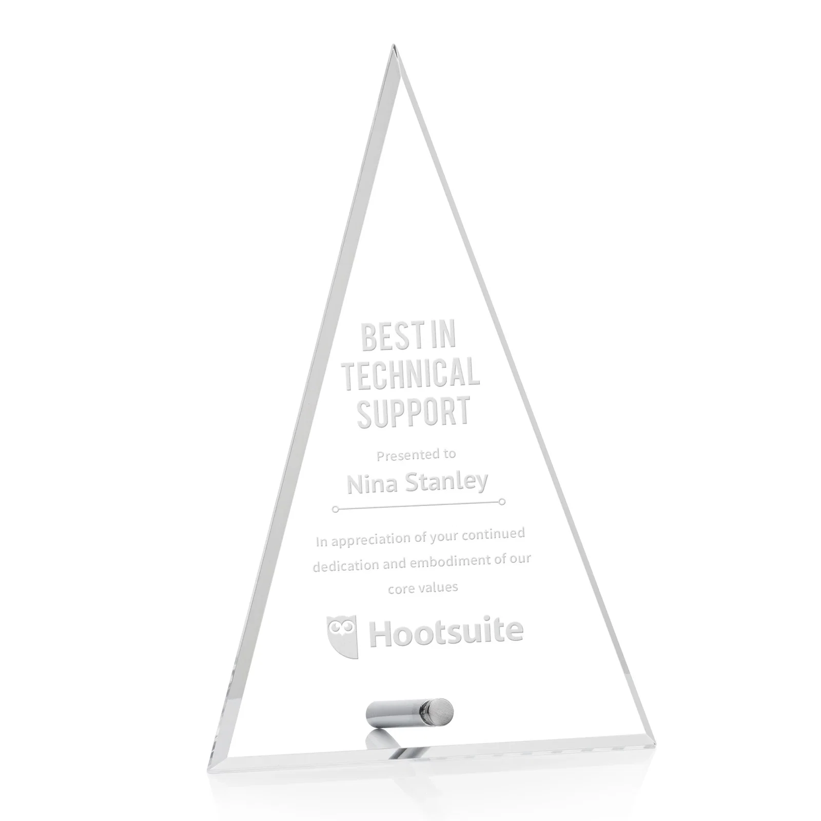 Custom Beveled Acrylic Pyramid Tower Award with Easel Pin for company anniversary events