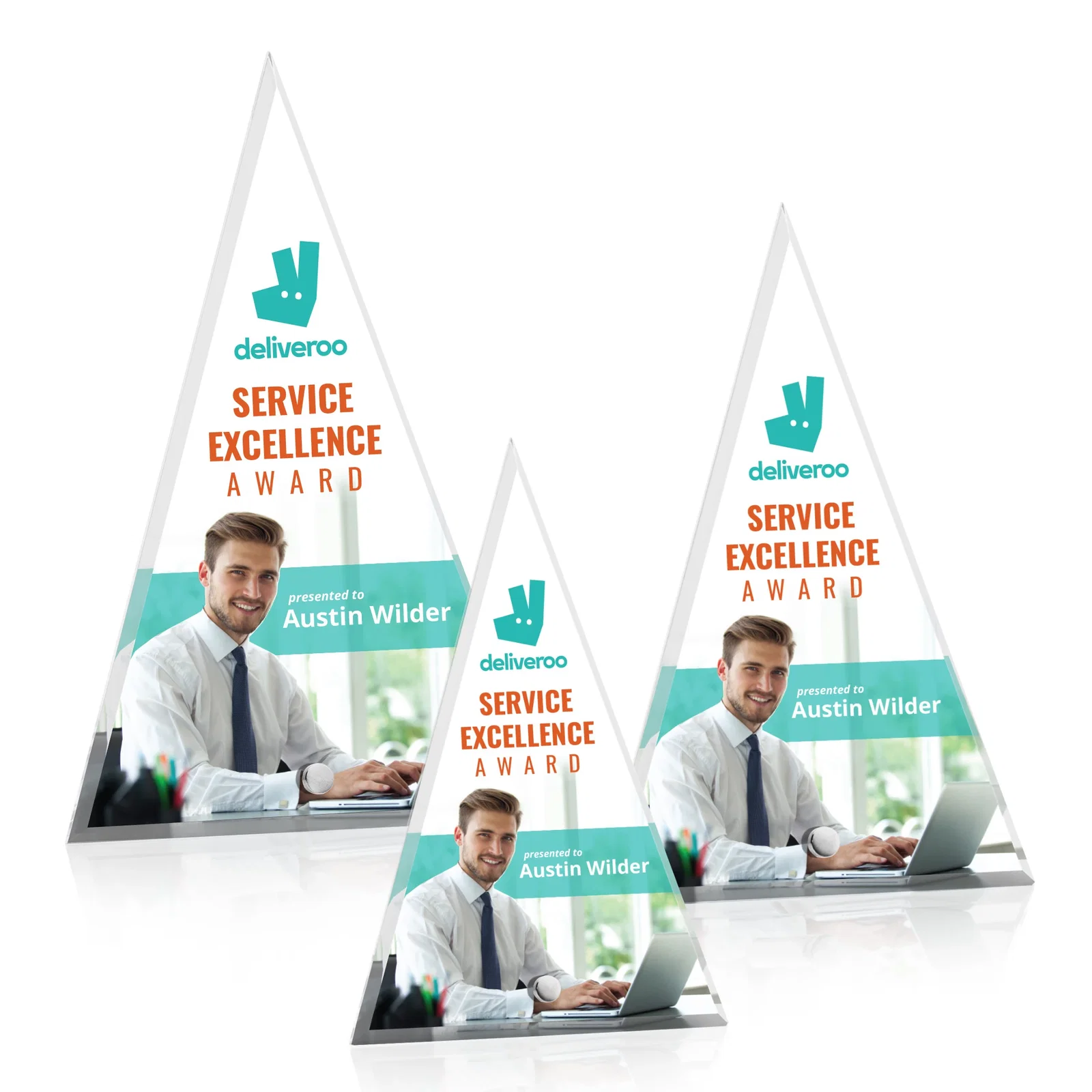 Personalized Beveled Acrylic Pyramid Tower Award with Easel Pin for employee recognition