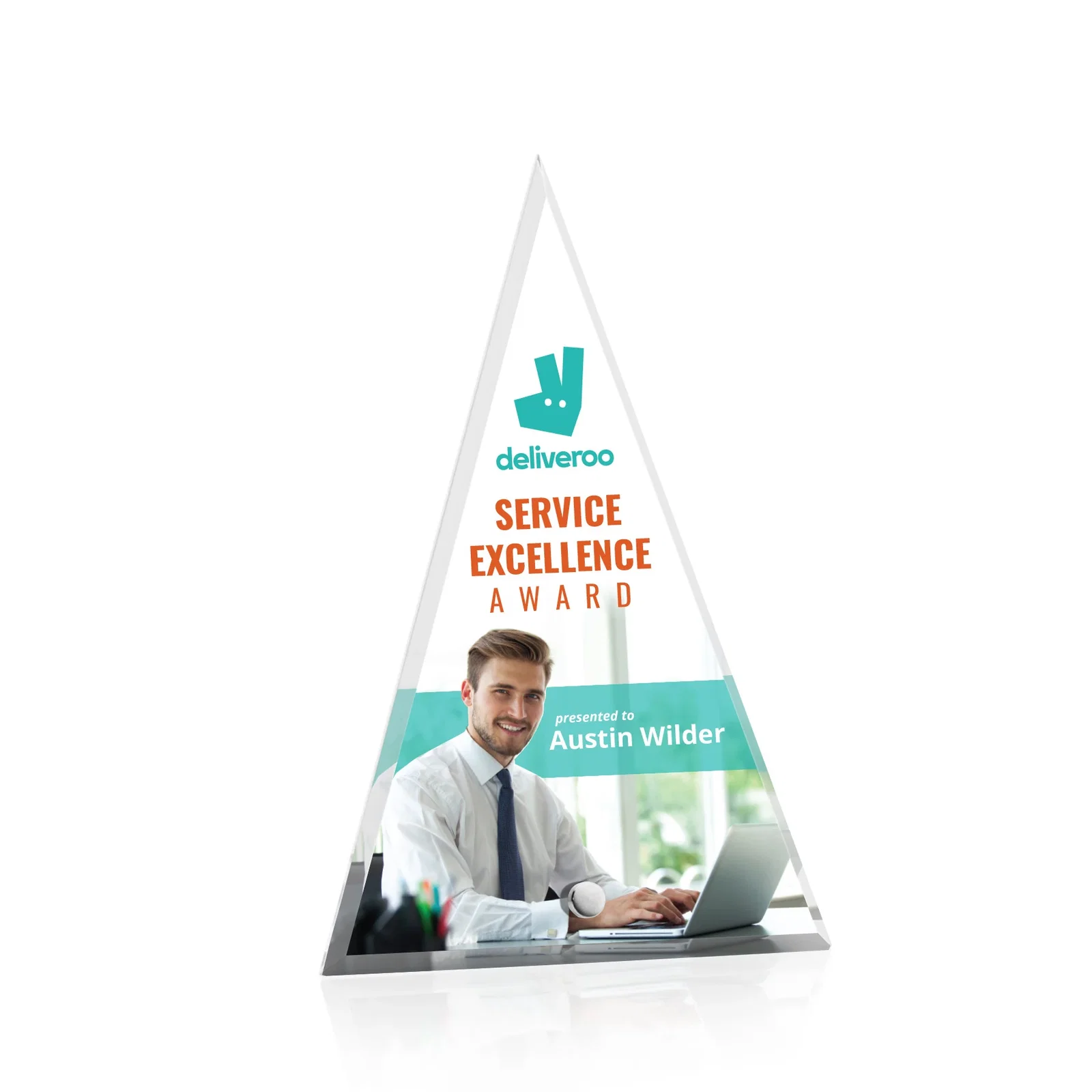 Personalized Beveled Acrylic Pyramid Tower Award with Easel Pin for corporate award ceremonies