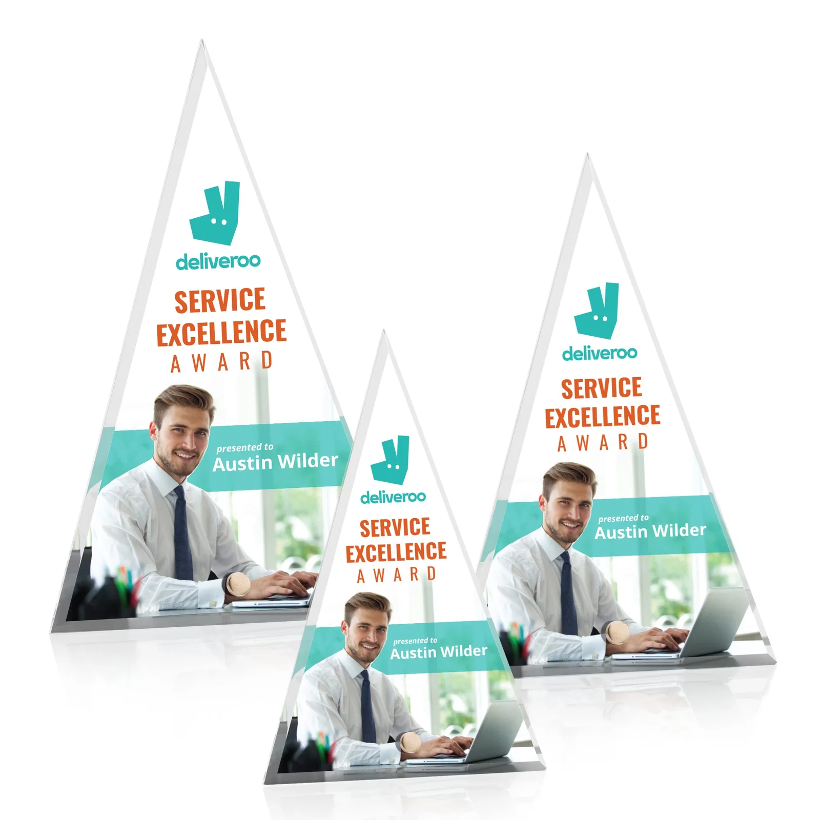 Custom Beveled Acrylic Pyramid Tower Award with Easel Pin for retirement presentations