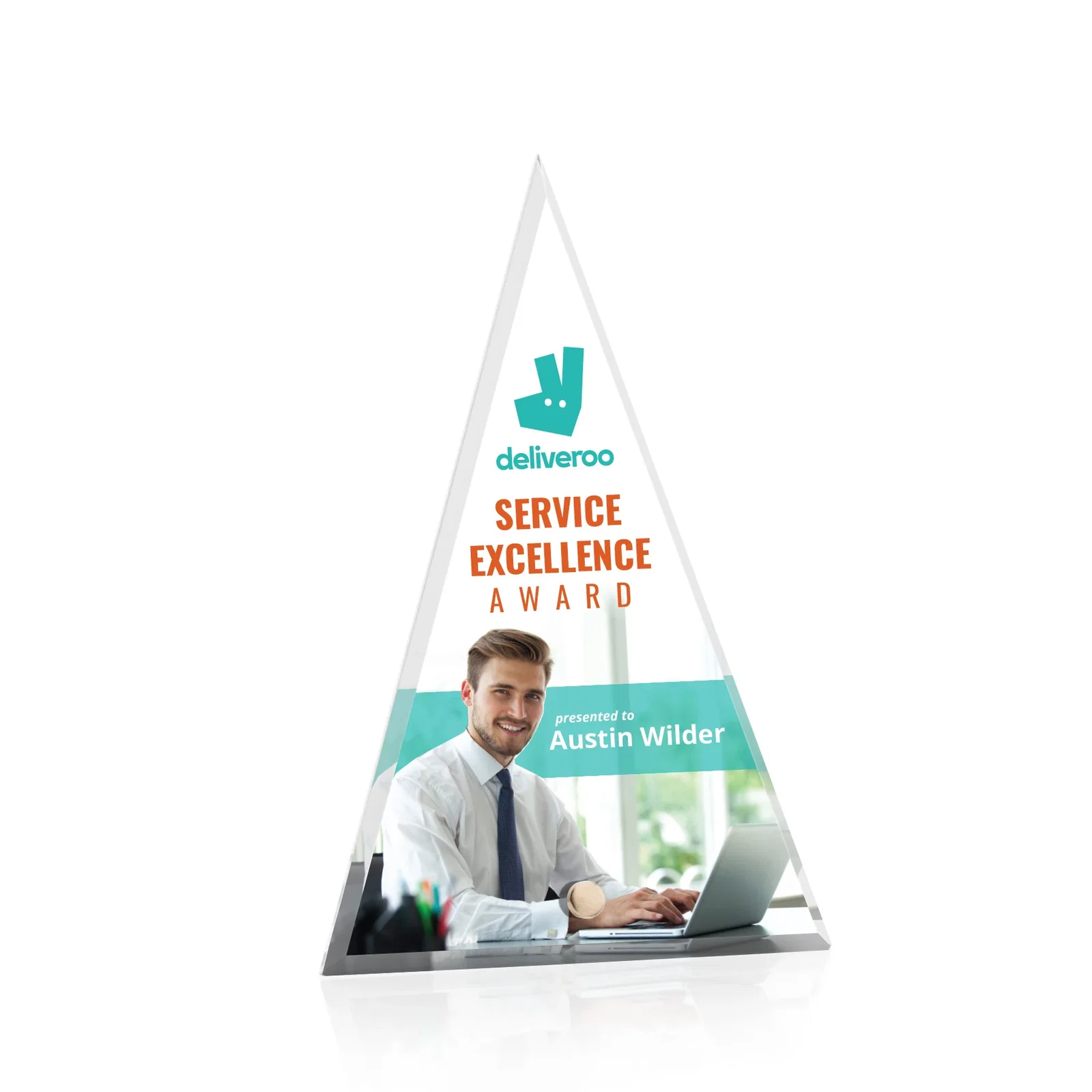 Custom Beveled Acrylic Pyramid Tower Award with Easel Pin for team milestone celebrations