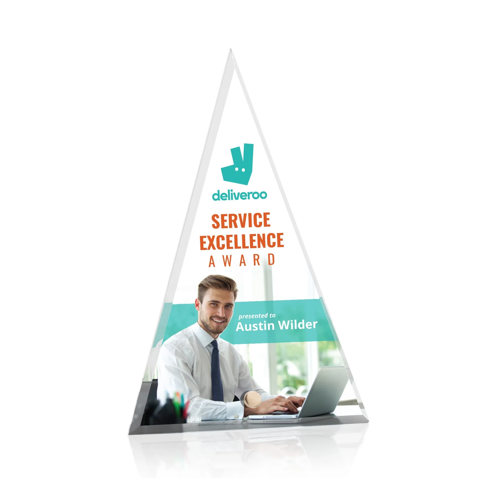 Custom Beveled Acrylic Pyramid Tower Award with Easel Pin for donor appreciation