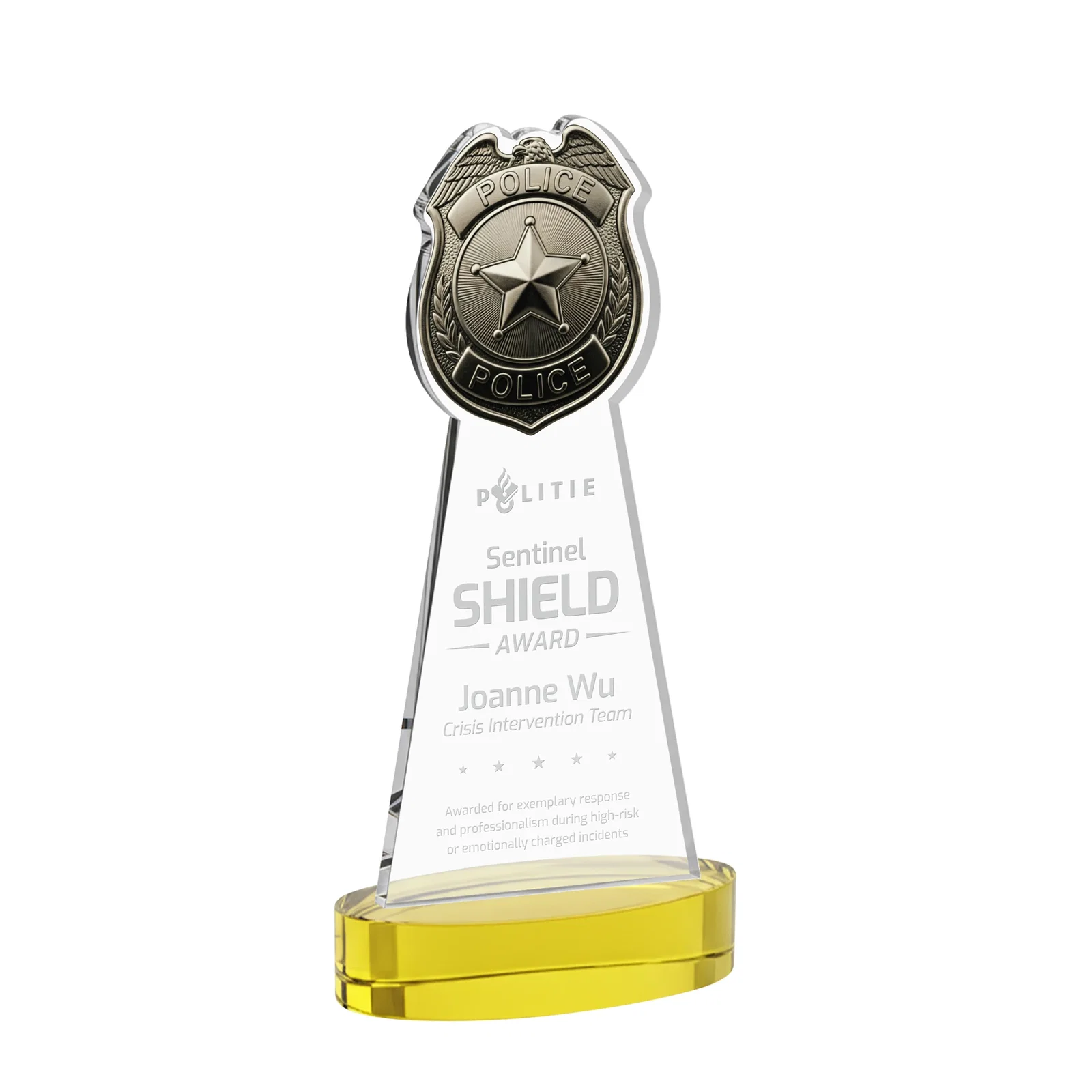 Custom Starfire Crystal Police Badge Award on Oval Base for volunteer appreciation