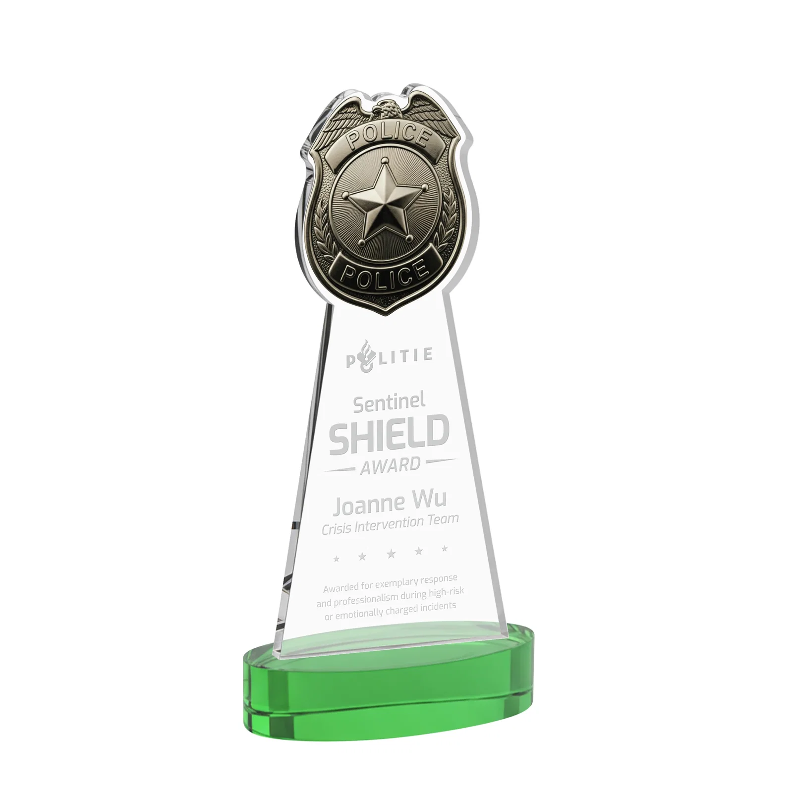 Personalized Starfire Crystal Police Badge Award on Oval Base for corporate award ceremonies