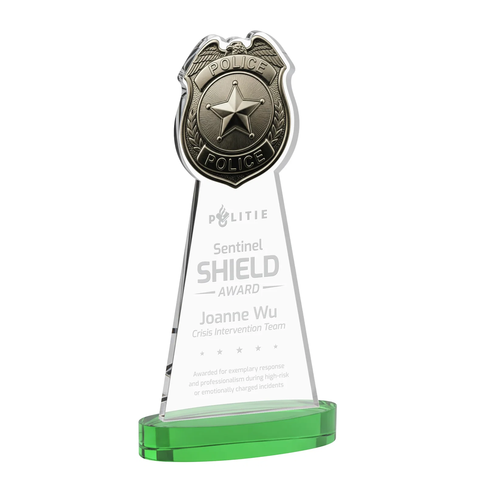Personalized Starfire Crystal Police Badge Award on Oval Base for sales achievement awards