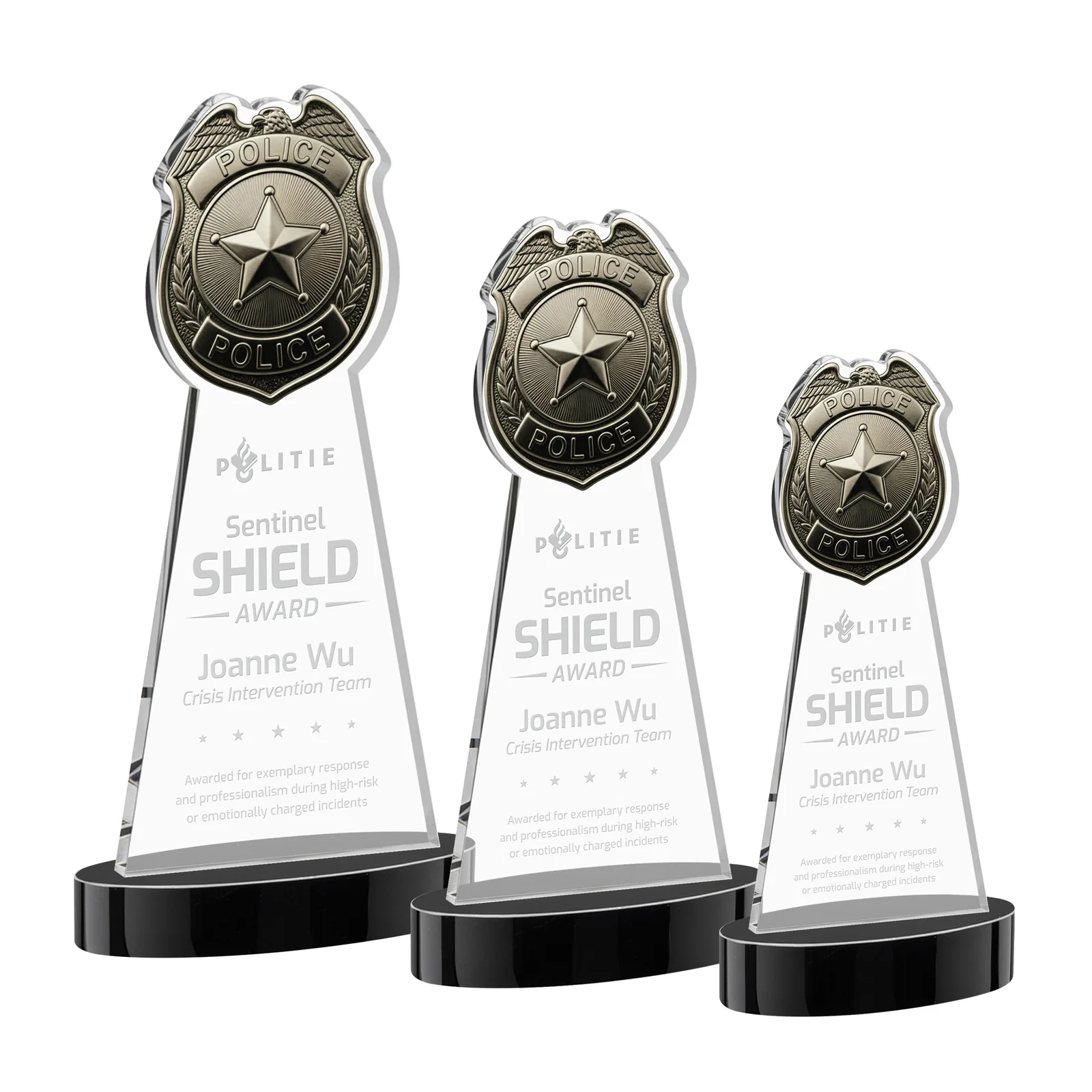 Personalized Starfire Crystal Police Badge Award on Oval Base for retirement presentations