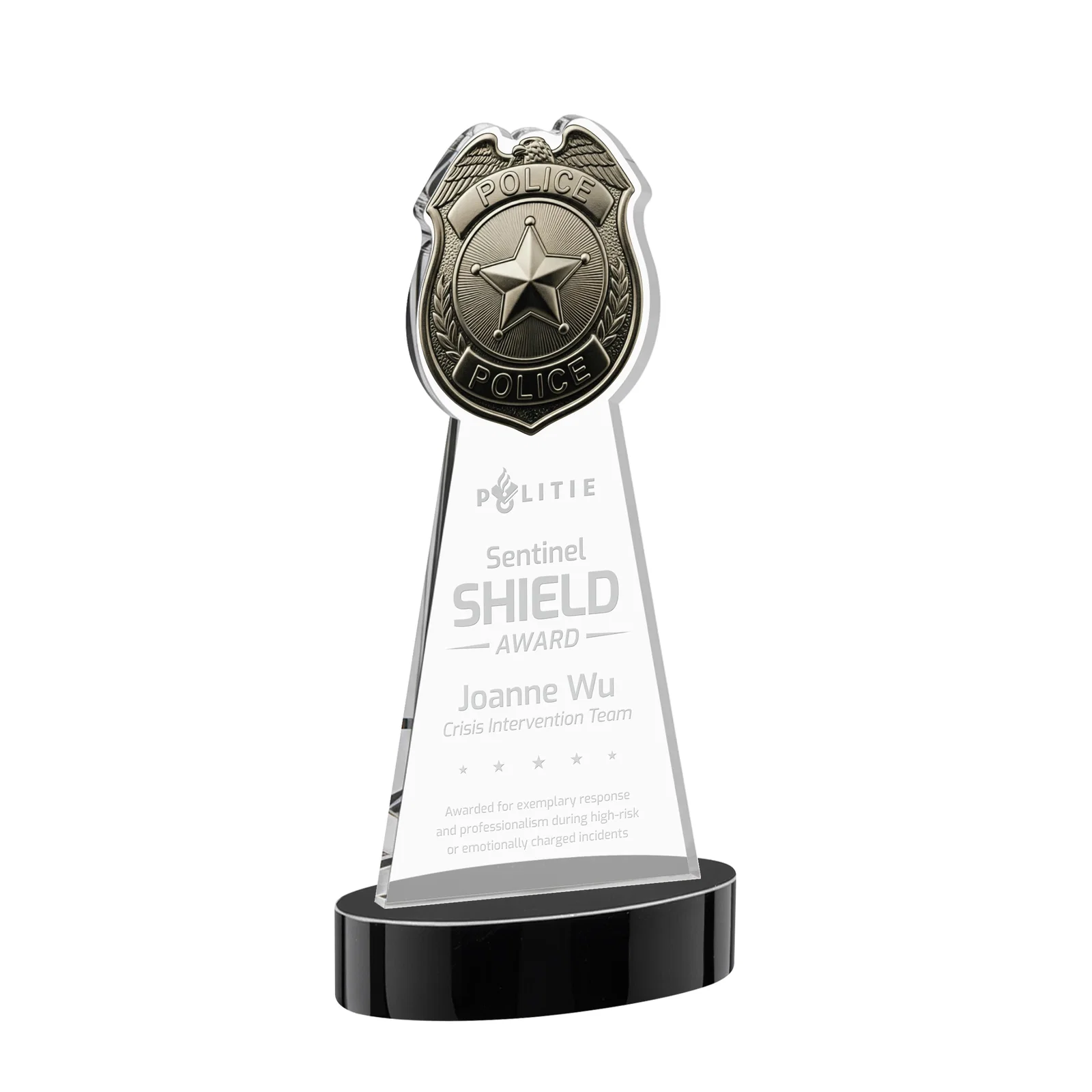 Personalized Starfire Crystal Police Badge Award on Oval Base for team milestone celebrations