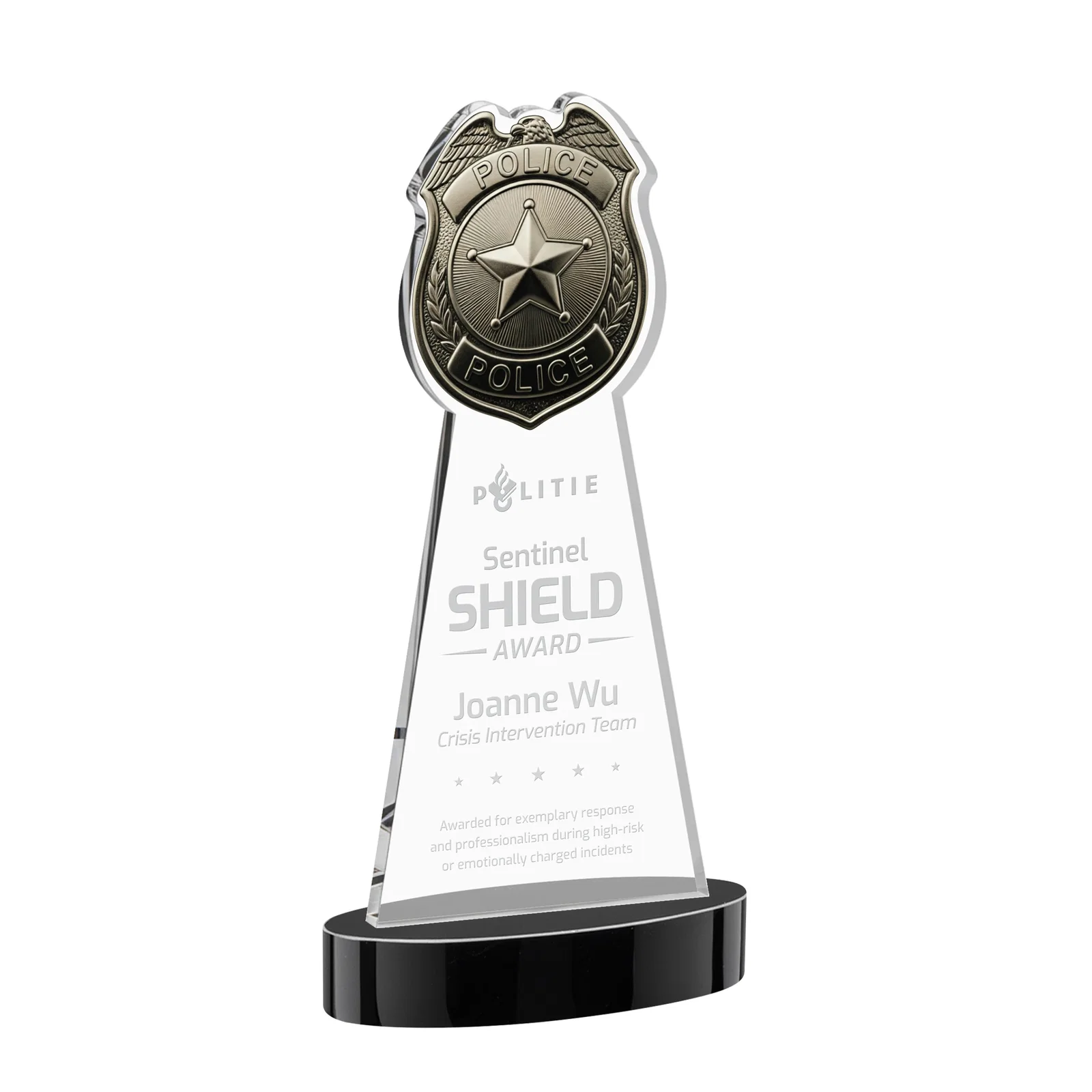 Personalized Starfire Crystal Police Badge Award on Oval Base for donor appreciation