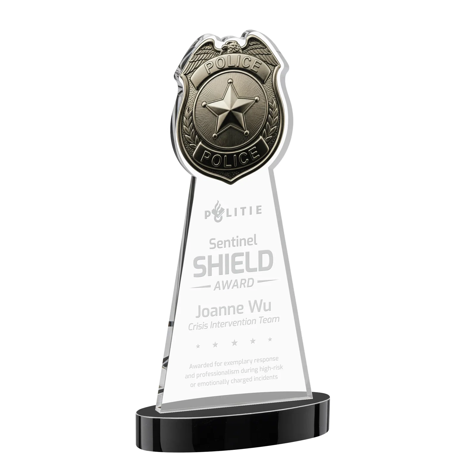 Personalized Starfire Crystal Police Badge Award on Oval Base for graduation ceremonies