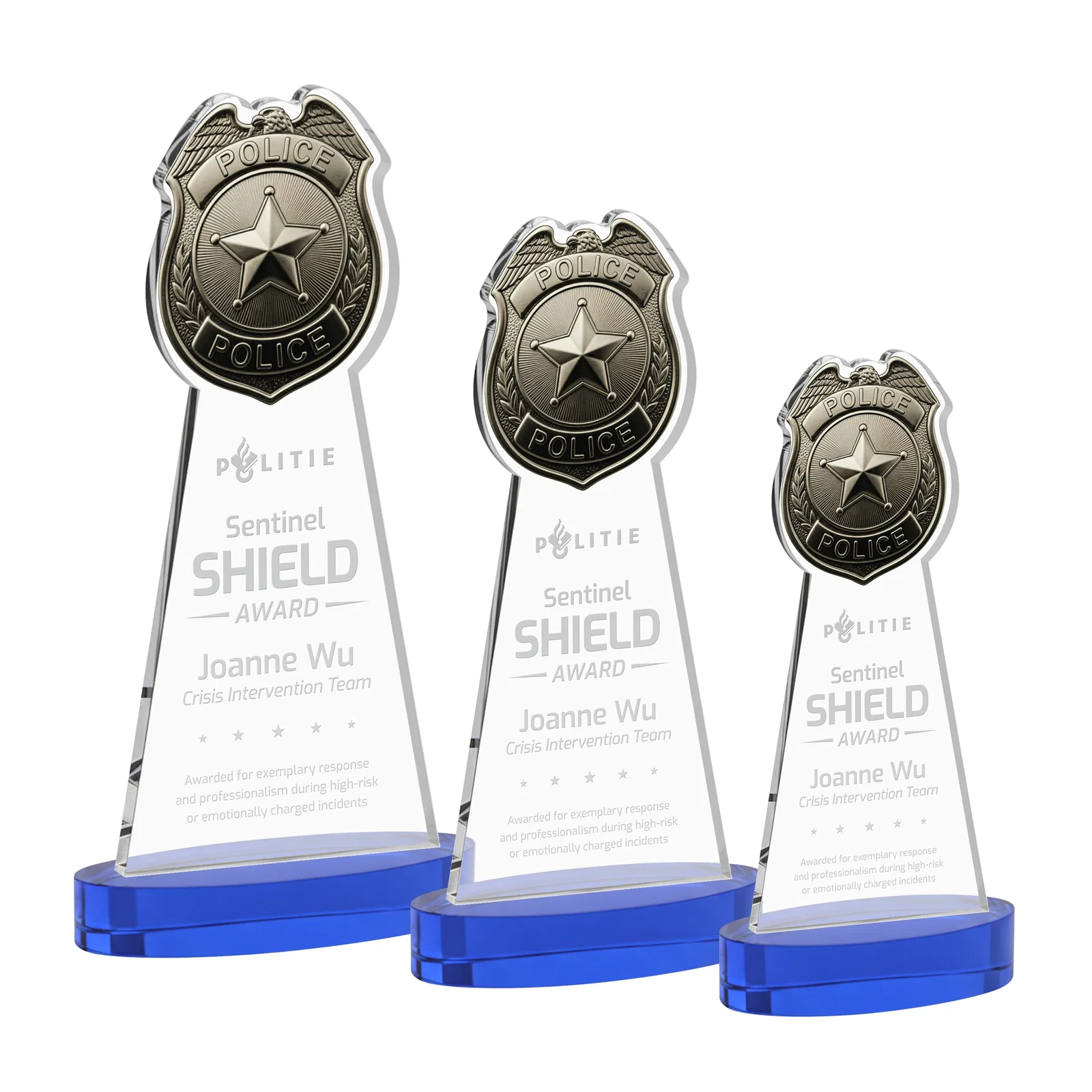 Personalized Starfire Crystal Police Badge Award on Oval Base for safety achievement programs
