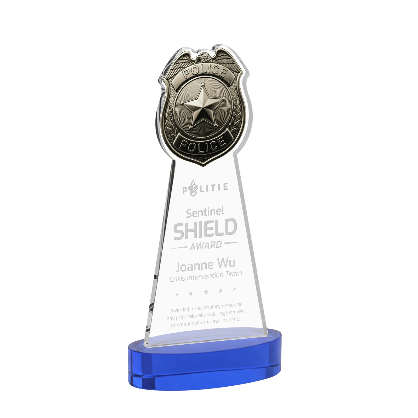 Personalized Starfire Crystal Police Badge Award on Oval Base for volunteer appreciation