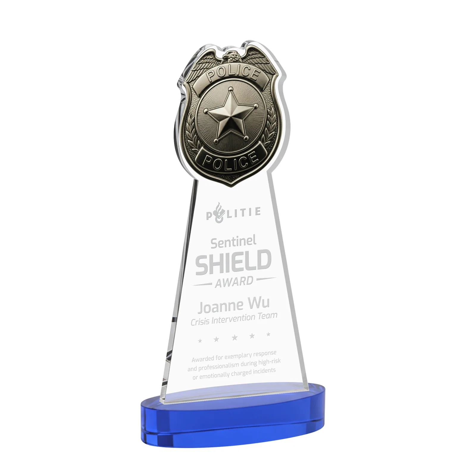Personalized Starfire Crystal Police Badge Award on Oval Base for dealer and partner awards