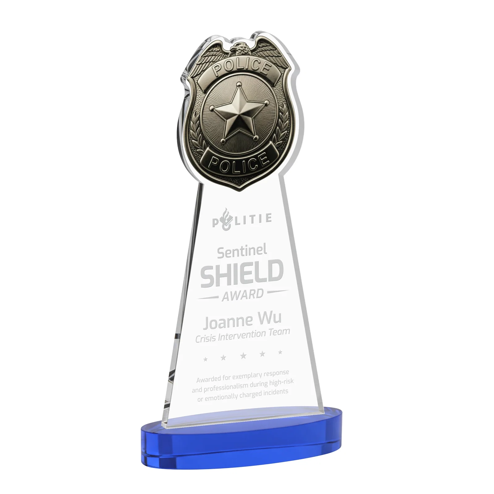 Personalized Starfire Crystal Police Badge Award on Oval Base for company anniversary events