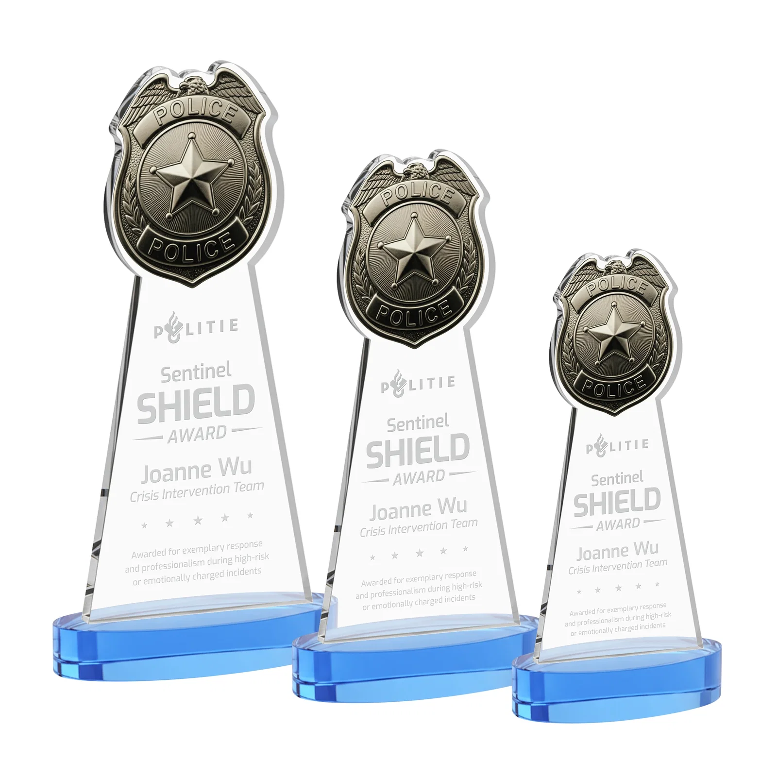 Promotional Starfire Crystal Police Badge Award on Oval Base for retirement presentations