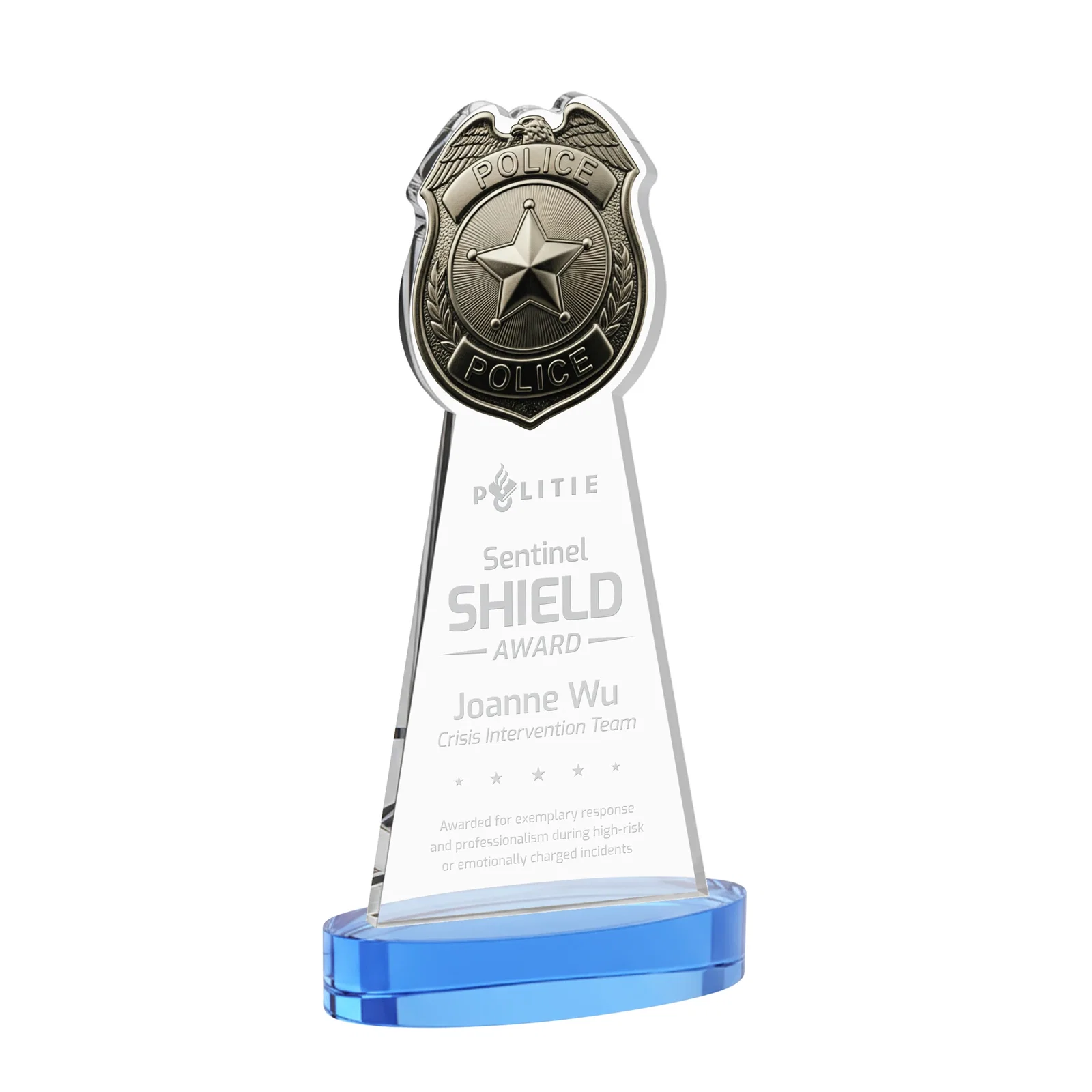 Promotional Starfire Crystal Police Badge Award on Oval Base for donor appreciation