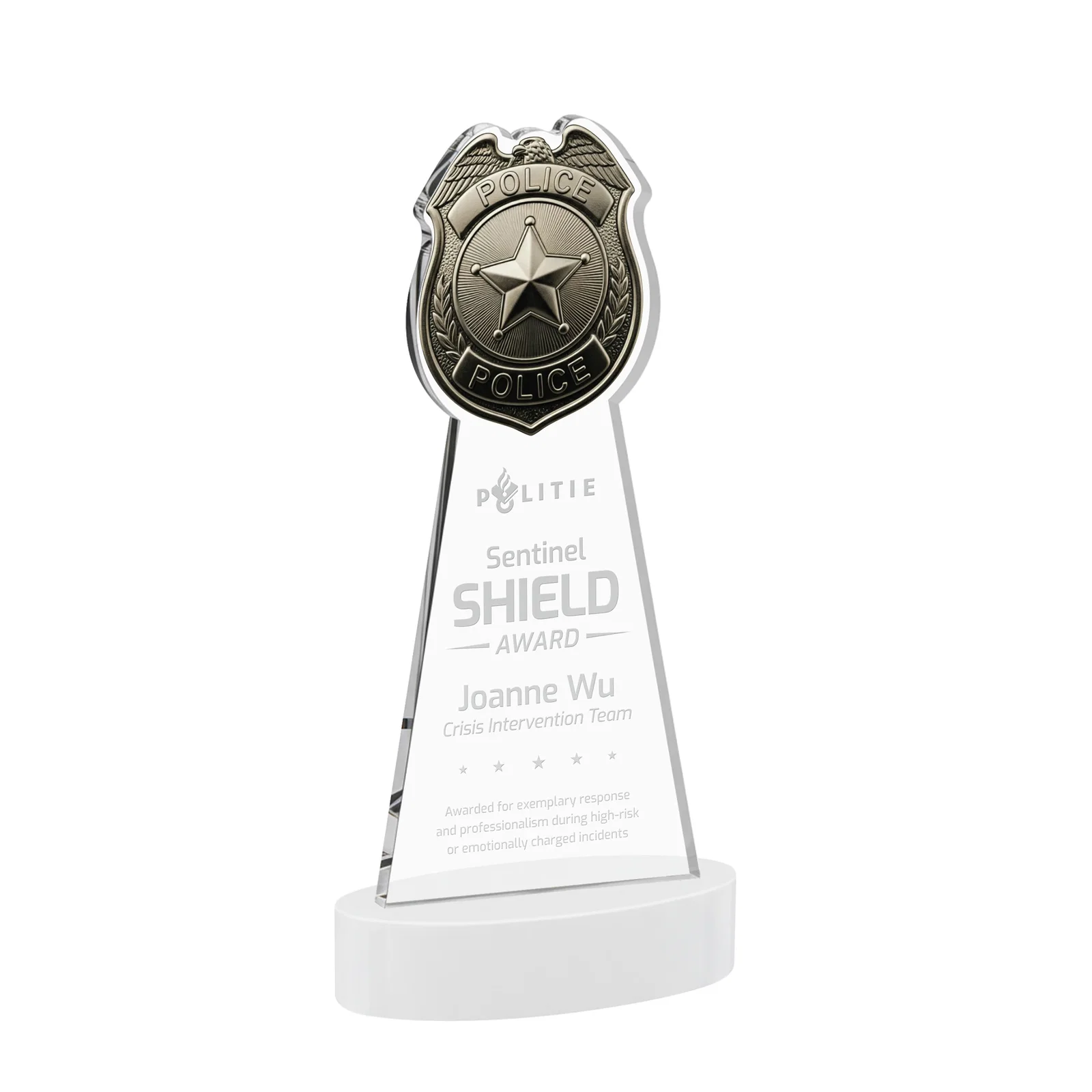 Promotional Starfire Crystal Police Badge Award on Oval Base for volunteer appreciation