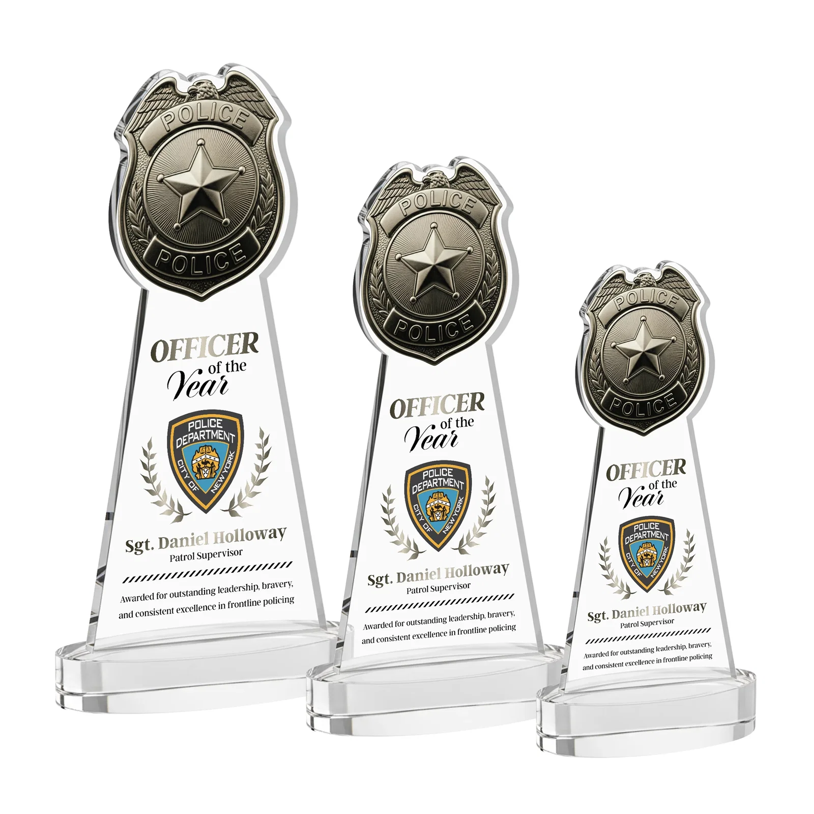 Branded Starfire Crystal Police Badge Award on Oval Base for employee recognition