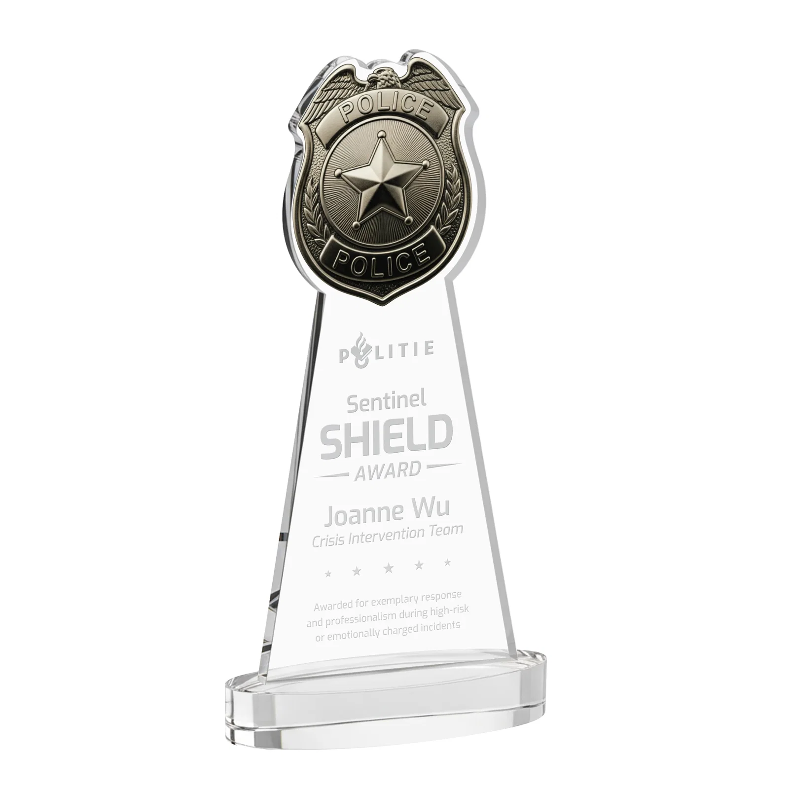 Custom Starfire Crystal Police Badge Award on Oval Base for sales achievement awards