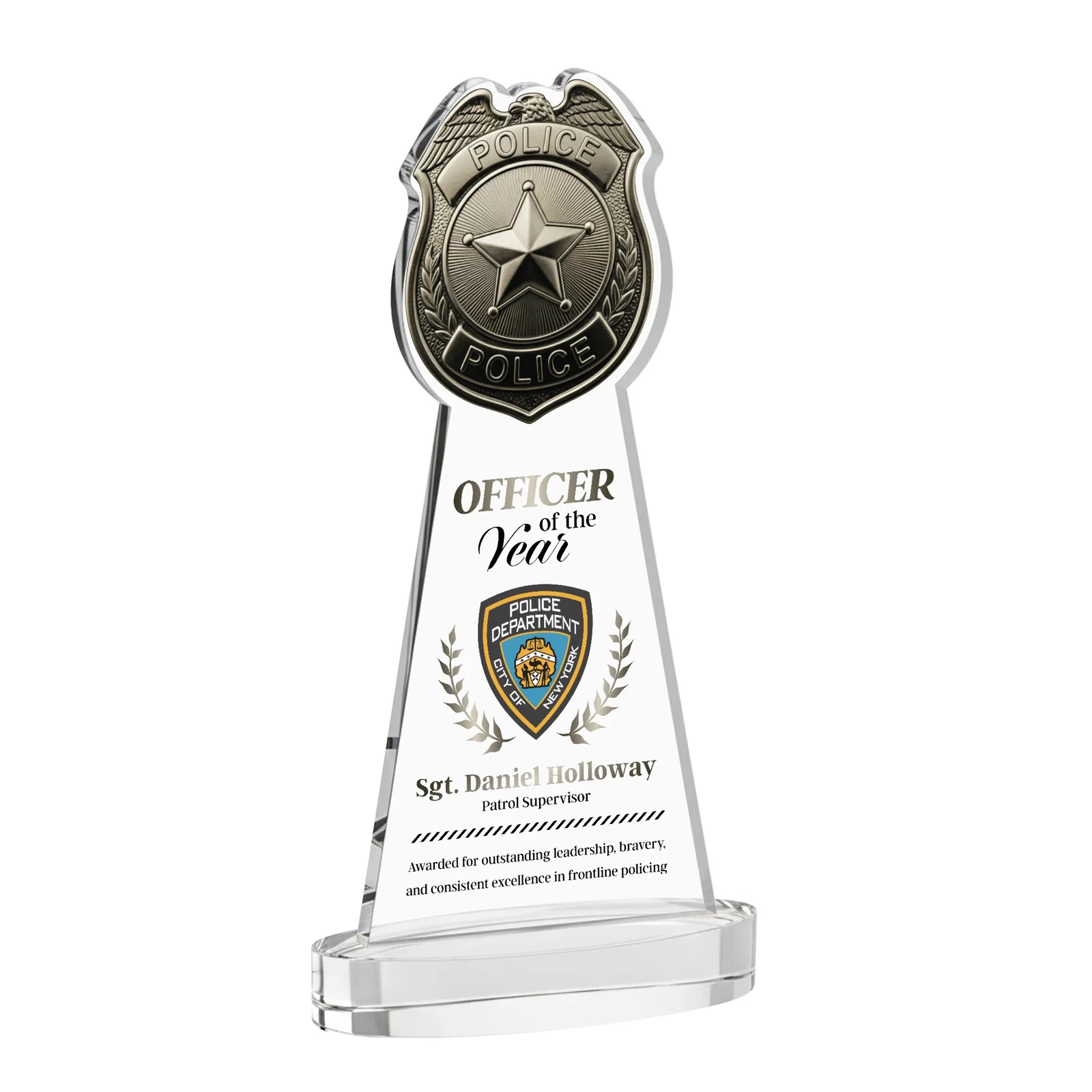 Branded Starfire Crystal Police Badge Award on Oval Base for sales achievement awards