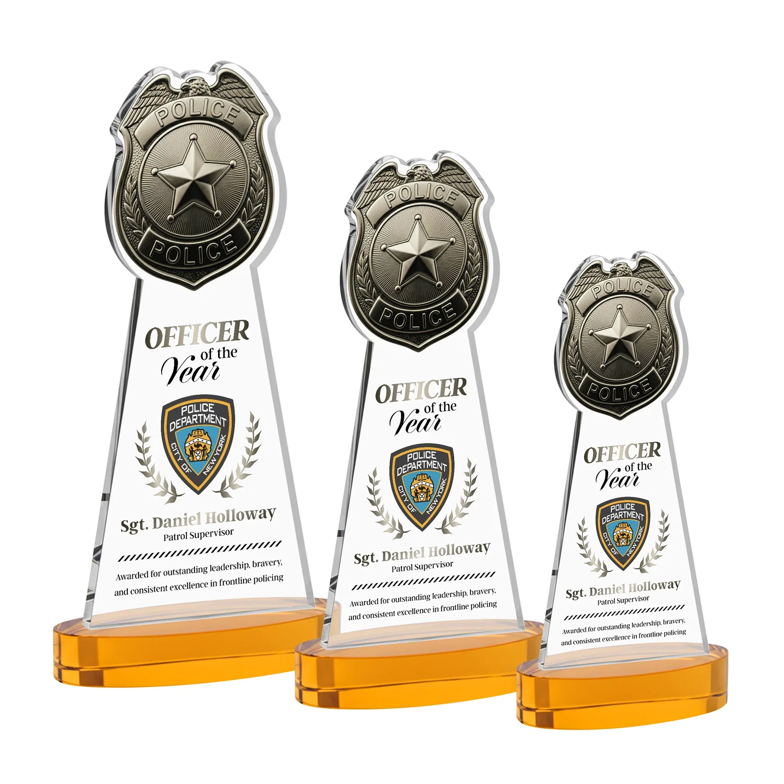 Branded Starfire Crystal Police Badge Award on Oval Base for retirement presentations