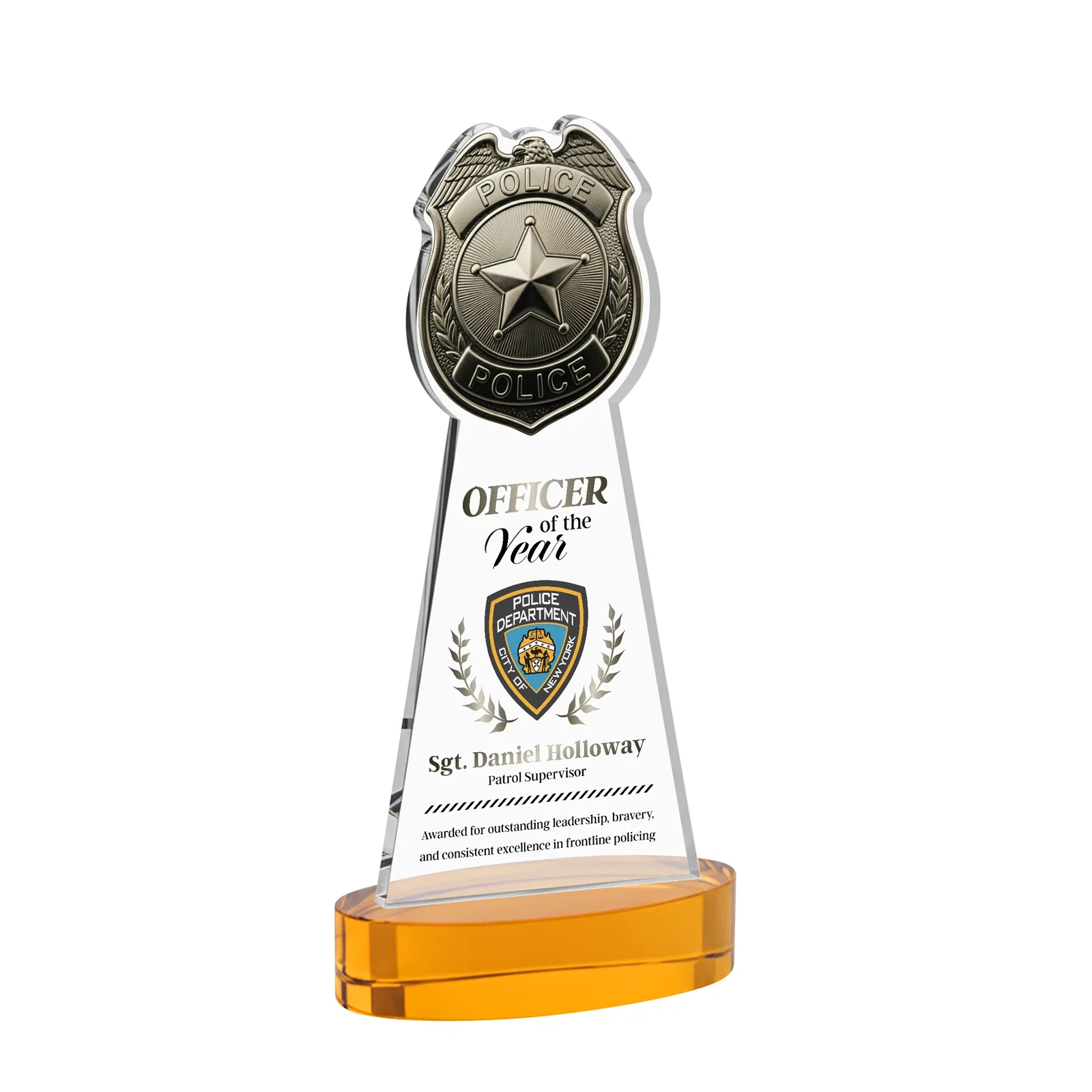 Branded Starfire Crystal Police Badge Award on Oval Base for team milestone celebrations