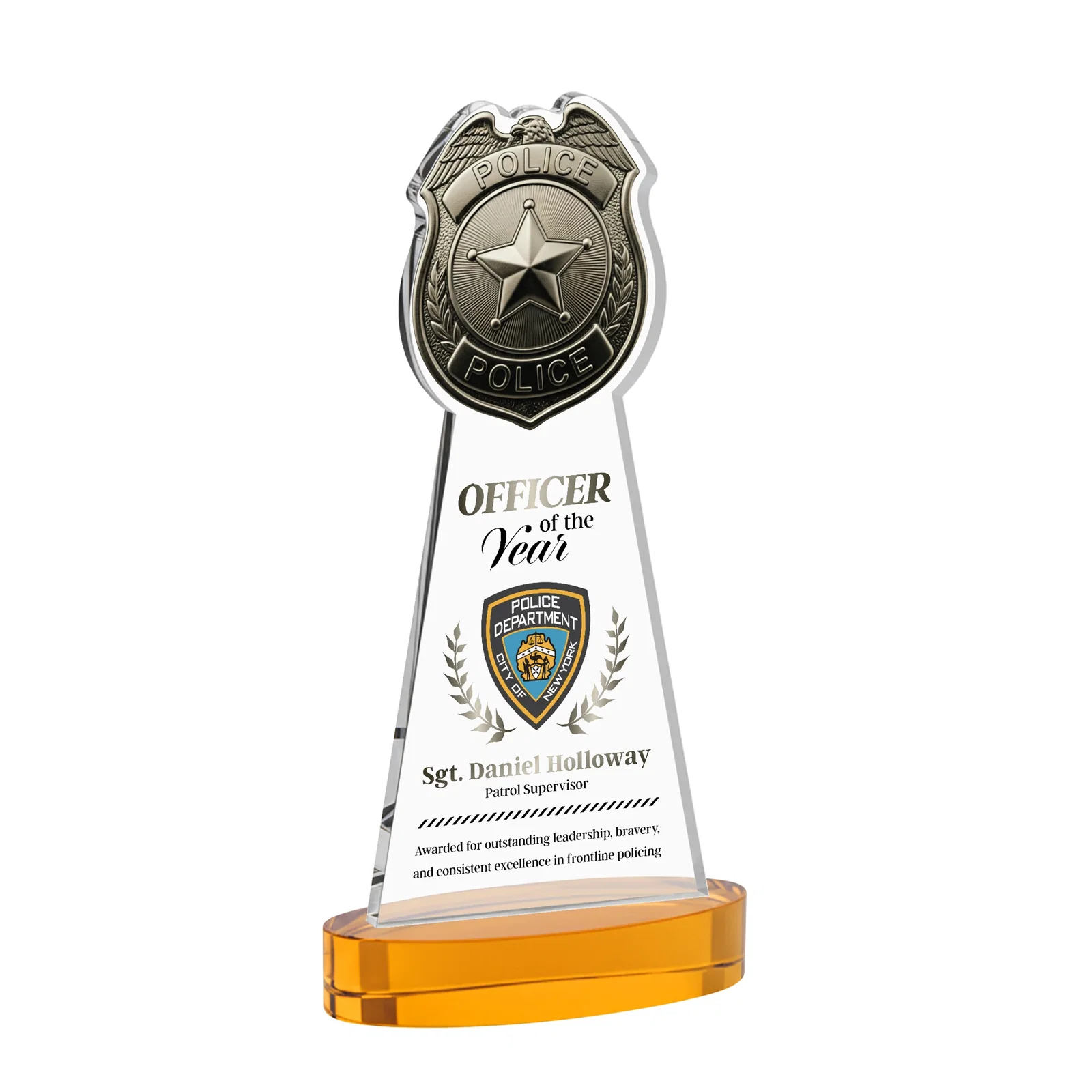 Branded Starfire Crystal Police Badge Award on Oval Base for donor appreciation