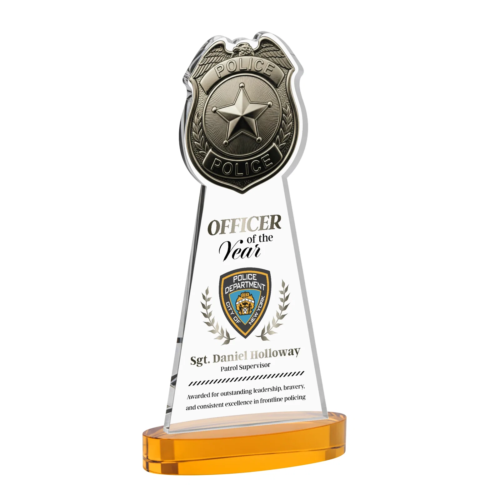 Branded Starfire Crystal Police Badge Award on Oval Base for graduation ceremonies