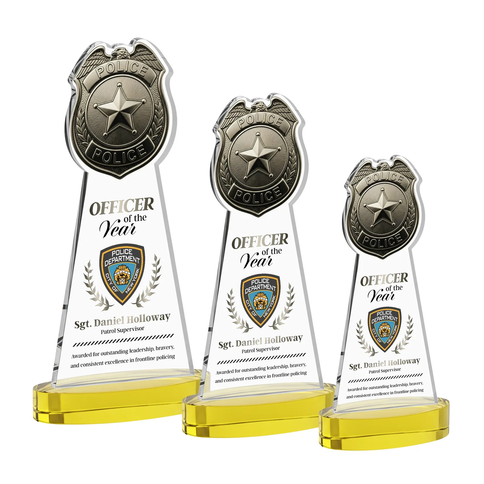 Branded Starfire Crystal Police Badge Award on Oval Base for safety achievement programs