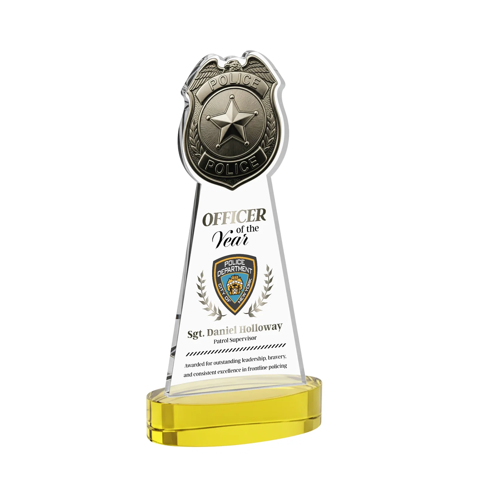 Branded Starfire Crystal Police Badge Award on Oval Base for volunteer appreciation