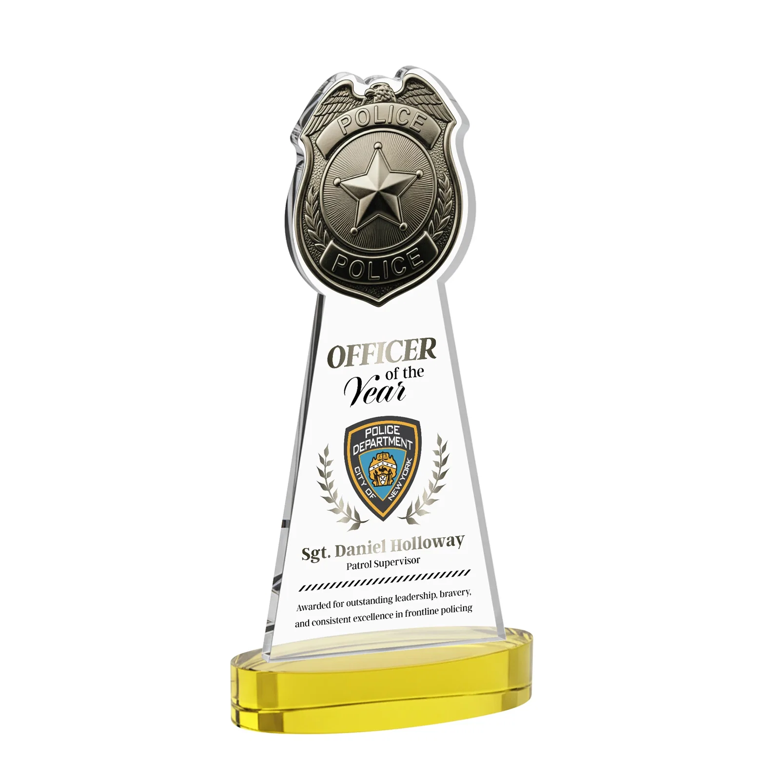 Branded Starfire Crystal Police Badge Award on Oval Base for dealer and partner awards