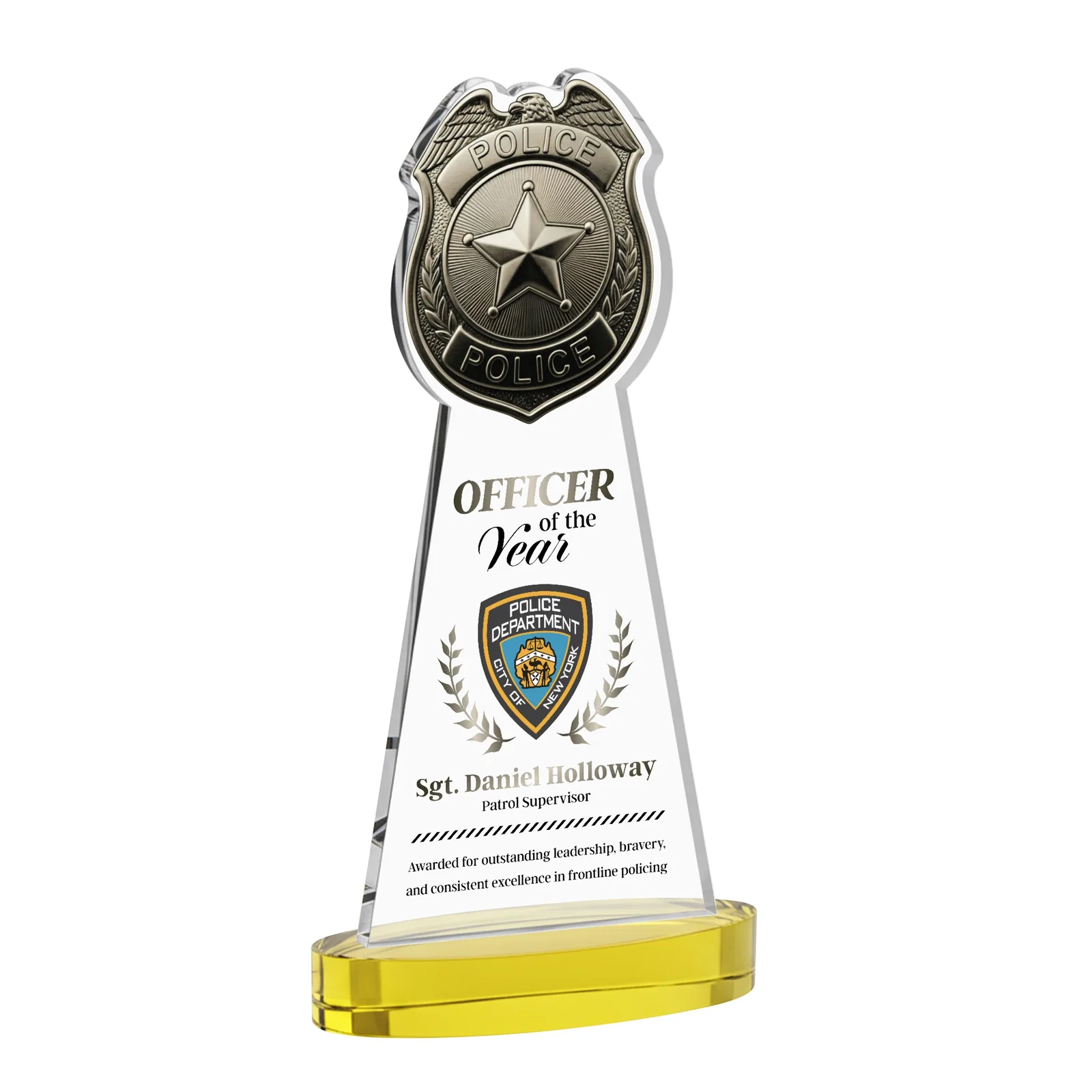 Branded Starfire Crystal Police Badge Award on Oval Base for company anniversary events